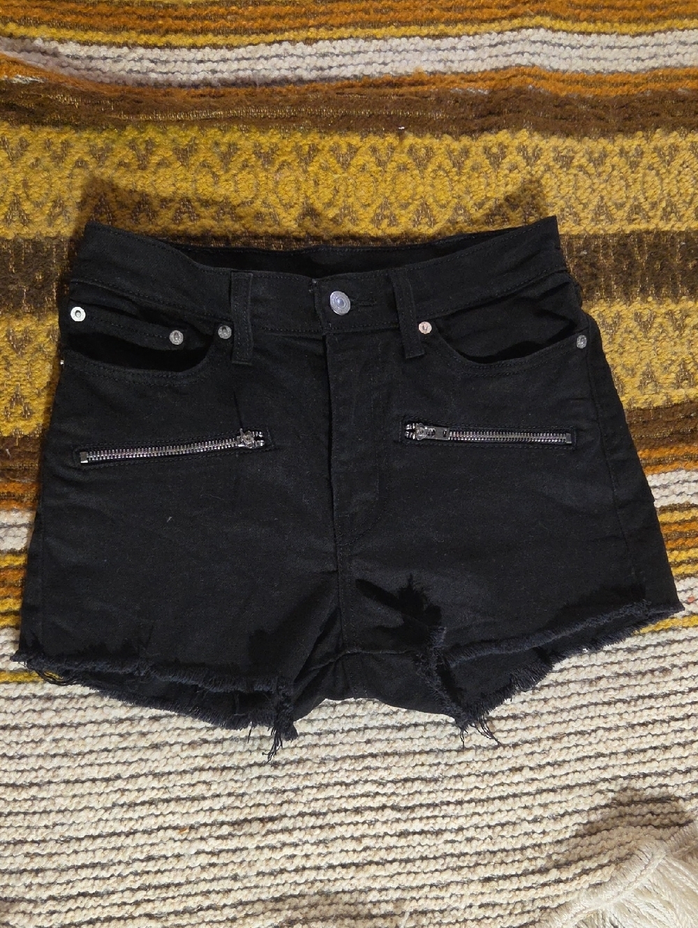 Levis Women’s Black Distressed Zip-Pocket Denim Shorts
